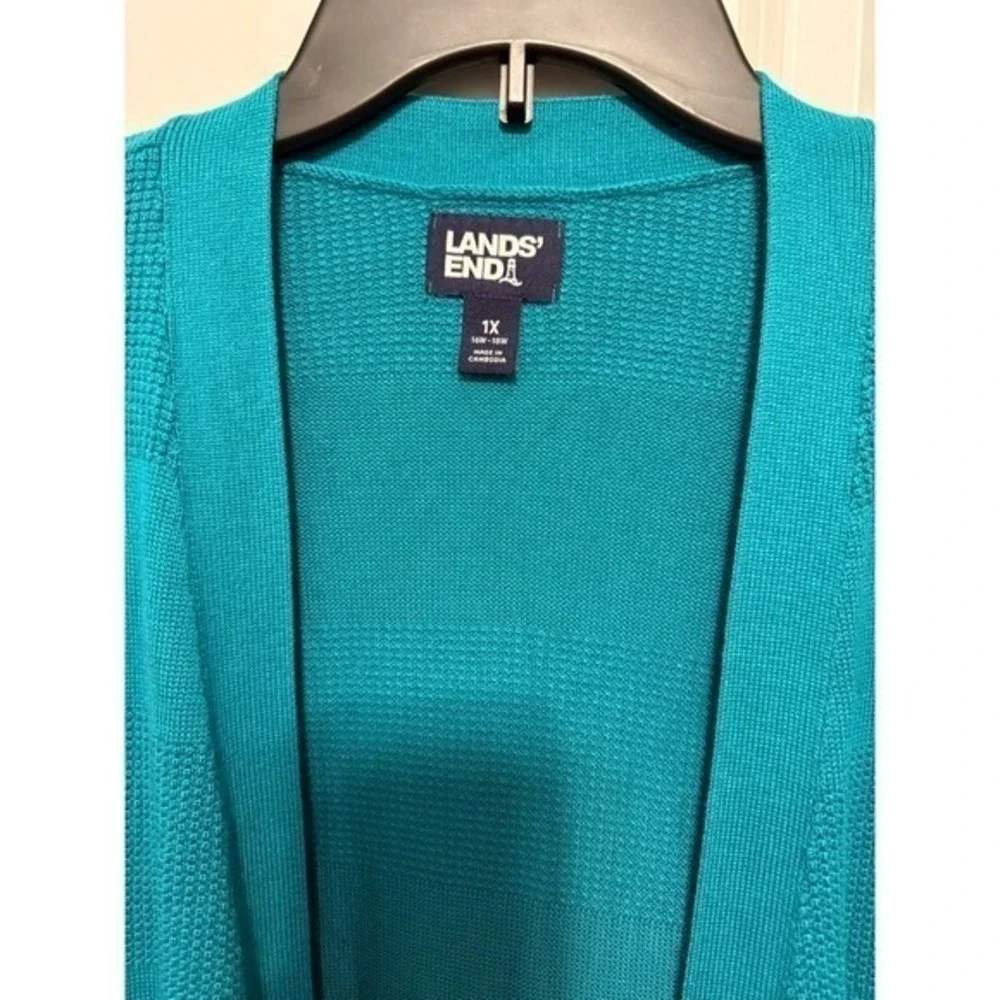 Lands End Teal Blue Cardigan Sweater Knit Stripe Open Front‎ Women 1X 60/40